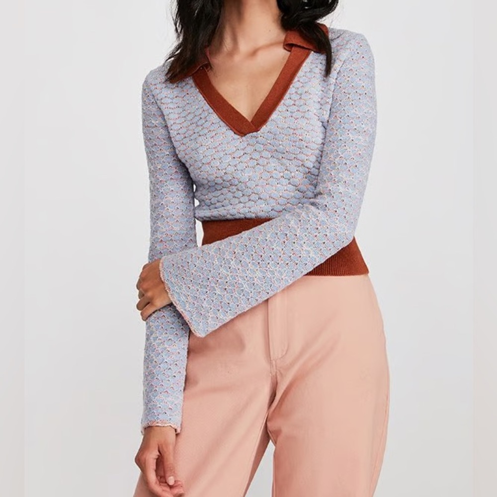 Free People retro collared V-Neck open knit crochet Sweater Orange purple lilac